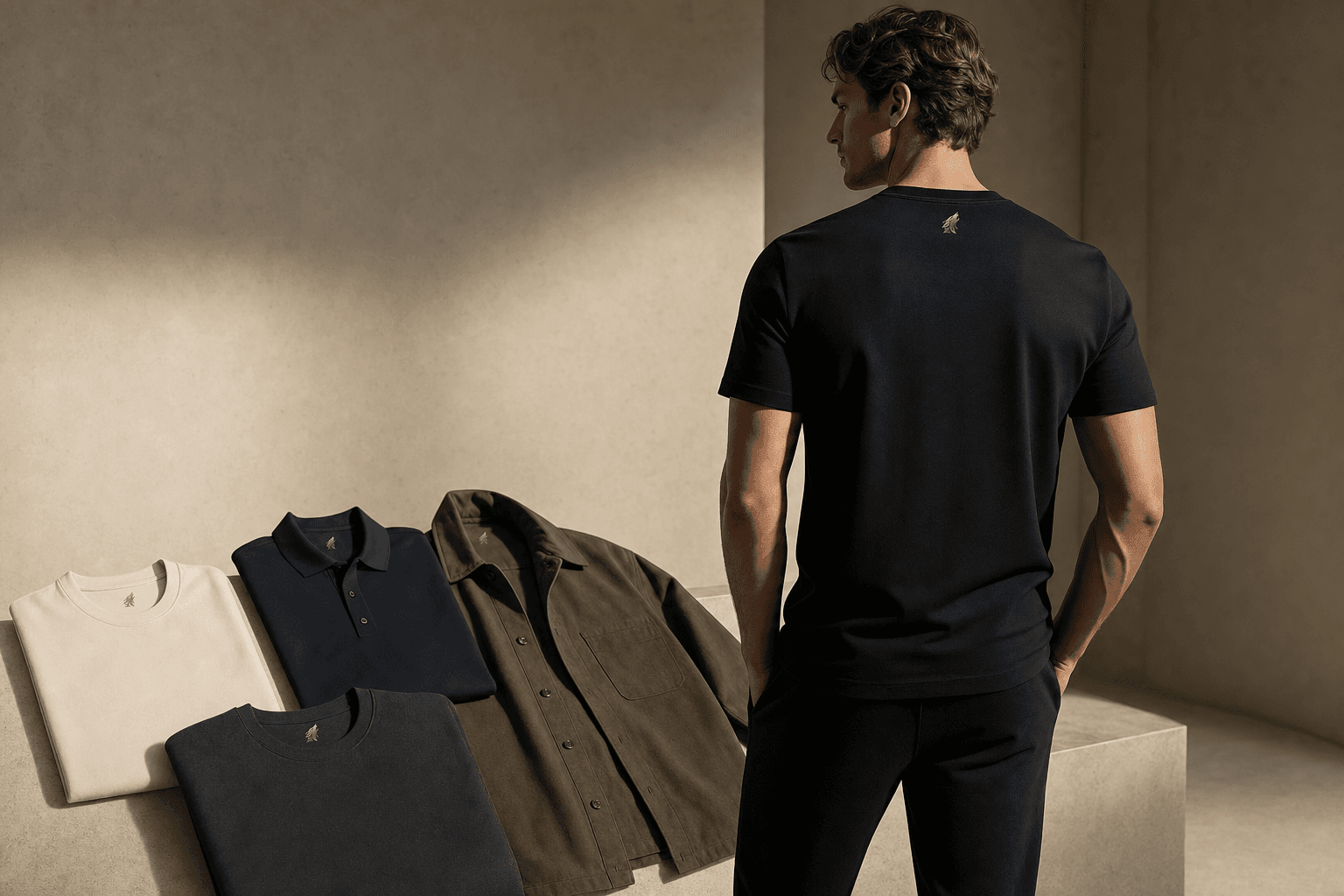 DYRWOLF Spring 2026 collection — model in black T-shirt beside folded cream, navy, charcoal, and olive pieces