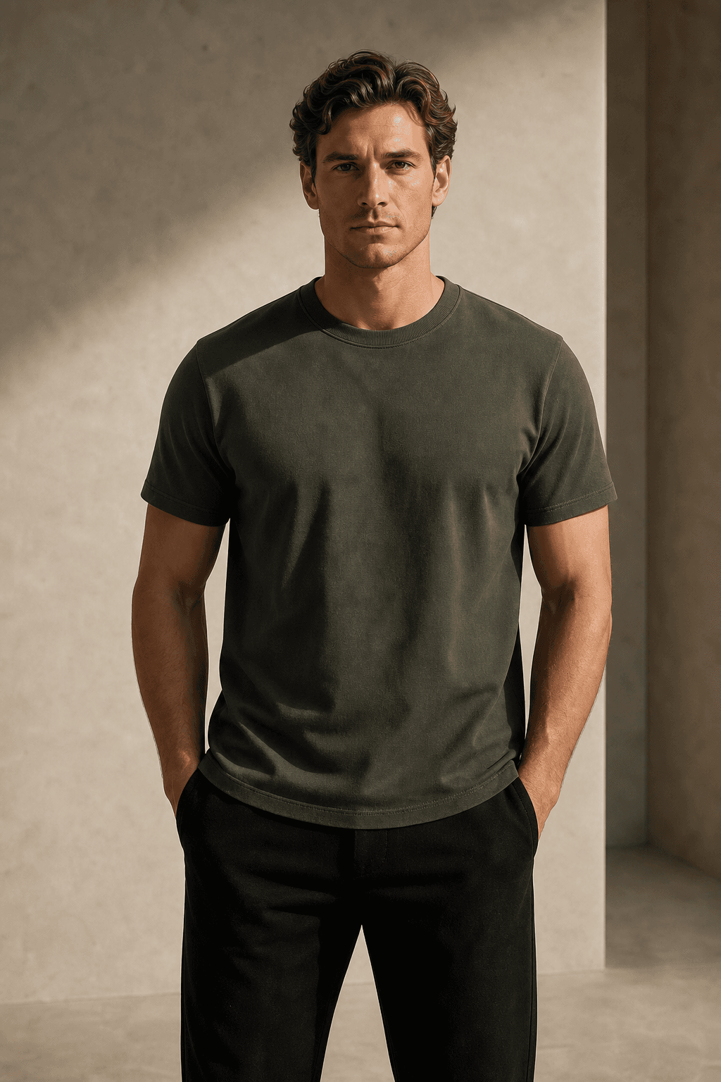 Model wearing the DYRWOLF Olive T-Shirt