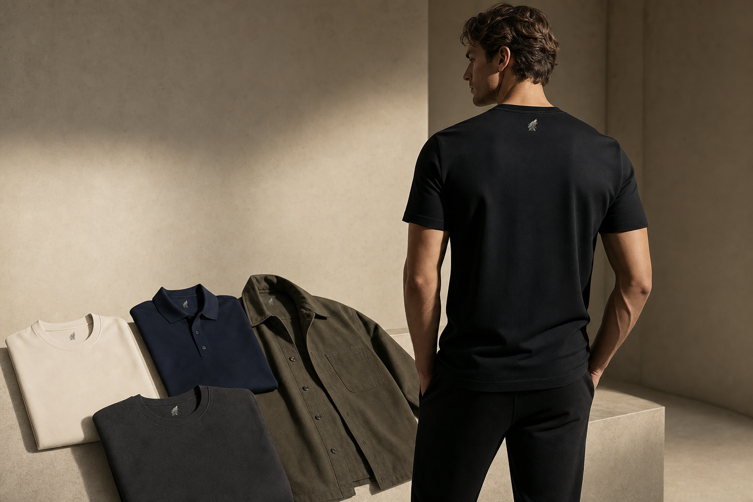 DYRWOLF Spring 2026 collection — model in black T-shirt beside folded cream, navy, charcoal, and olive pieces