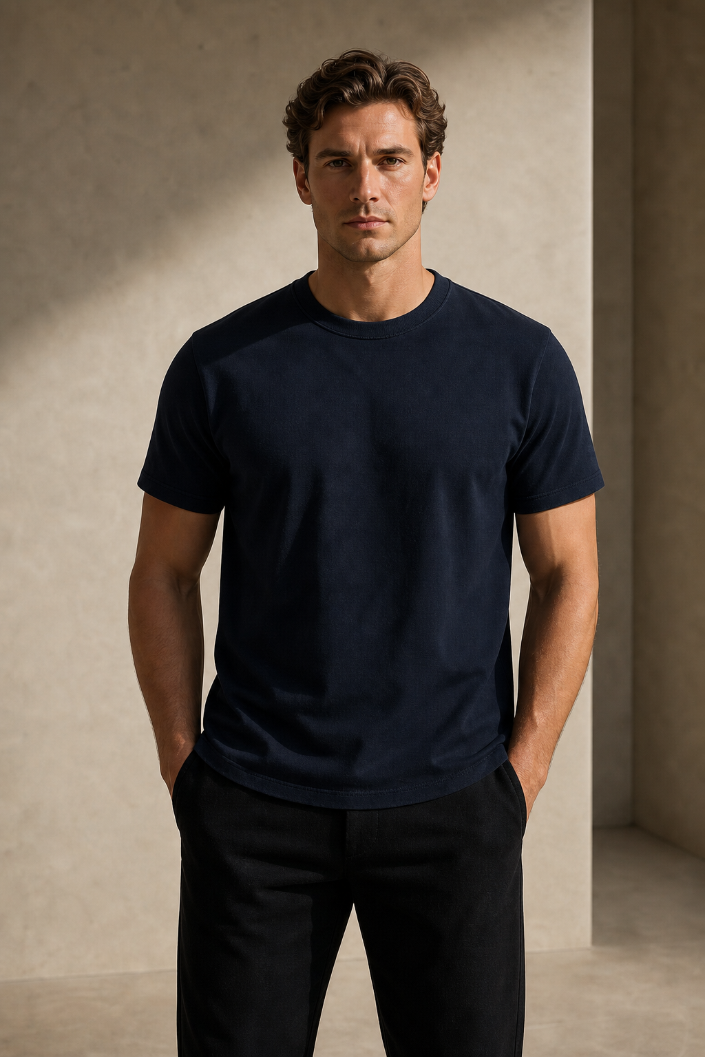 Model wearing the DYRWOLF Navy T-Shirt