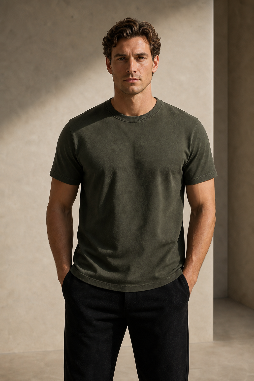 Model wearing the DYRWOLF Olive T-Shirt