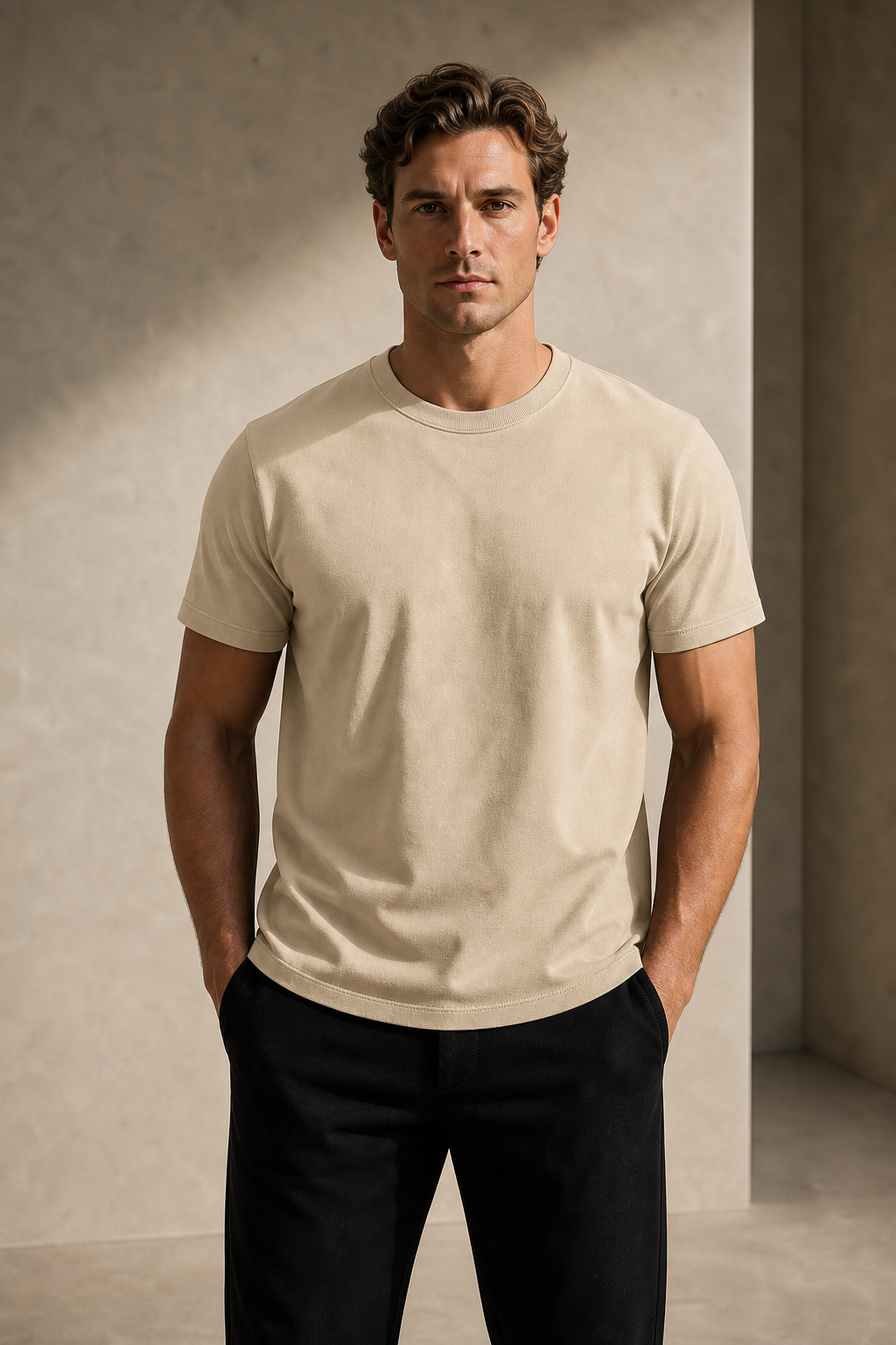 Model wearing the DYRWOLF Sand T-Shirt